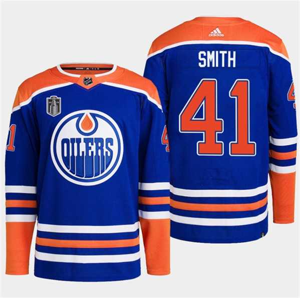 Mens Edmonton Oilers #41 Mike Smith Royal 2024 Stanley Cup Final Patch Stitched Jersey Dzhi